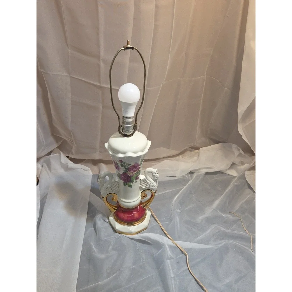 Victorian Style Lamp Worrall Roses Swans Gilded Ceramic 1940s Signed  Wescal Wrk